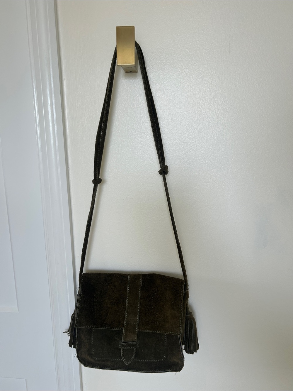 Olive Green suede satchel with tassels and adjustable shoulder strap